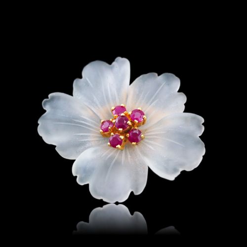 fig 2. A Ruby & Rock Crystal Flower Brooch Pendant Necklace 18K Gold