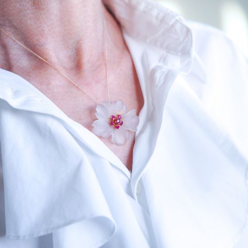 fig 4. A Ruby & Rock Crystal Flower Brooch Pendant Necklace 18K Gold