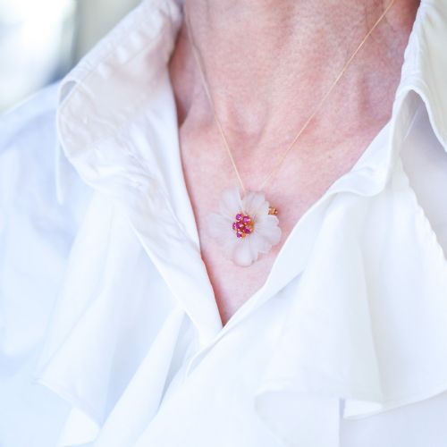 fig 6. A Ruby & Rock Crystal Flower Brooch Pendant Necklace 18K Gold