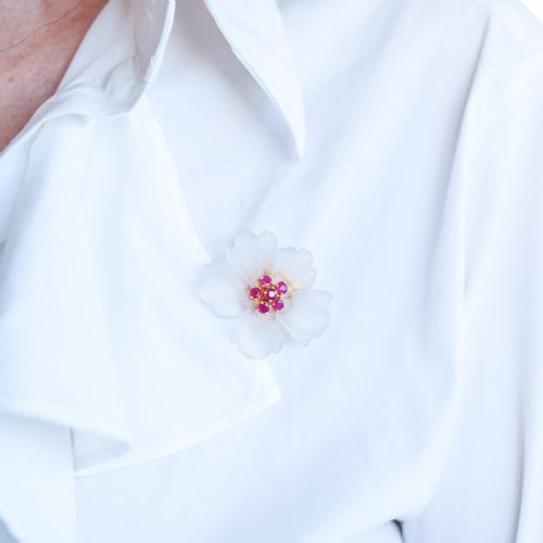 fig 8. A Ruby & Rock Crystal Flower Brooch Pendant Necklace 18K Gold
