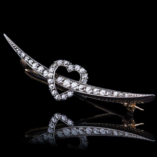 Antique Victorian Diamond Heart & Crescent Brooch 14k Gold - C.1900