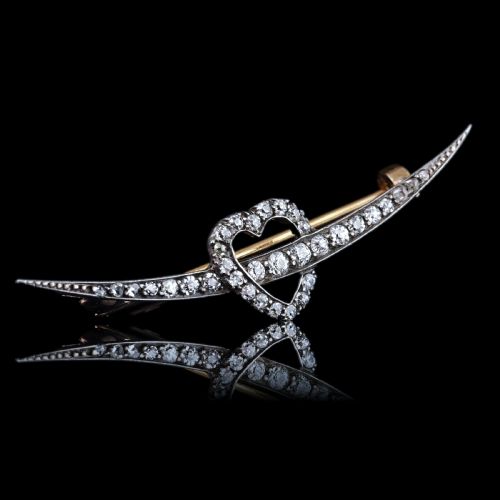 fig 4. Antique Victorian Diamond Heart & Crescent Brooch 14K Gold - c.1900