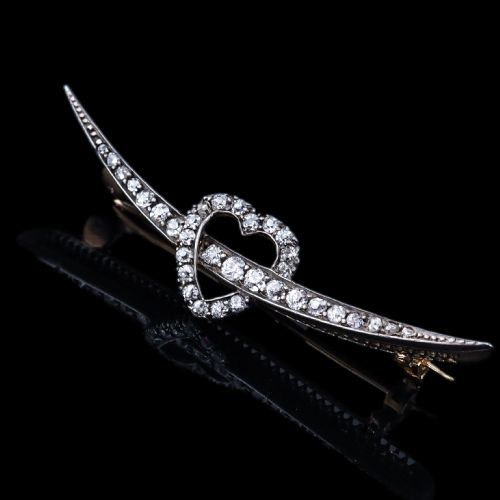 fig 7. Antique Victorian Diamond Heart & Crescent Brooch 14K Gold - c.1900