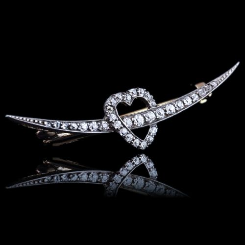 fig 8. Antique Victorian Diamond Heart & Crescent Brooch 14K Gold - c.1900