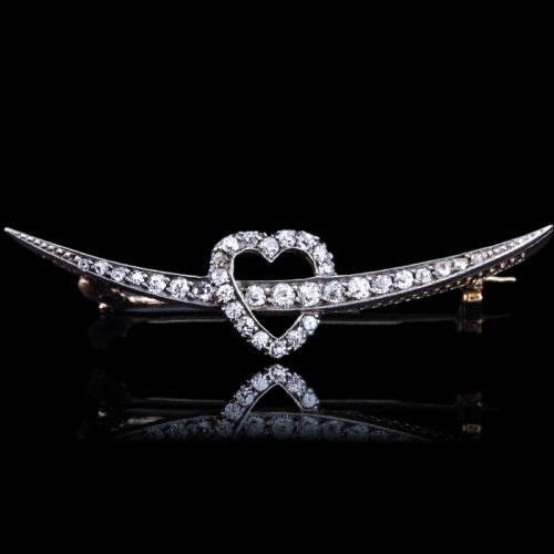fig 9. Antique Victorian Diamond Heart & Crescent Brooch 14K Gold - c.1900