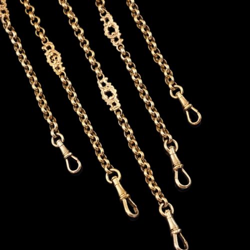 fig 2. An ornate Victorian silver-gilt chatelaine featuring five hanging chains with swivel clips and a rococo plaque detailed with a central cherub motif.