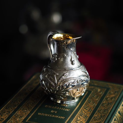 fig 5. Antique Victorian Solid Silver Milk Pitcher Jug with Ornate Chased Design - London 1863