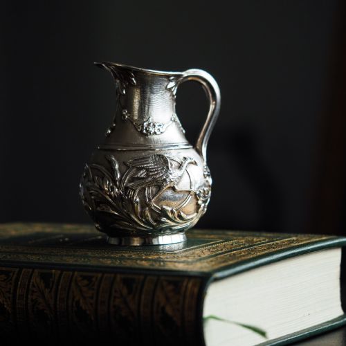 fig 6. Antique Victorian Solid Silver Milk Pitcher Jug with Ornate Chased Design - London 1863