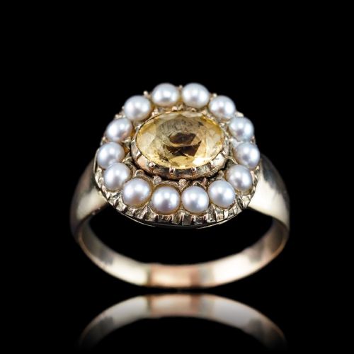 fig 3. Antique Georgian Citrine & Pearl Cluster Ring 14K Gold - c.1800