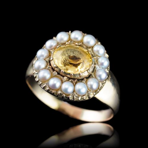 fig 4. Antique Georgian Citrine & Pearl Cluster Ring 14K Gold - c.1800