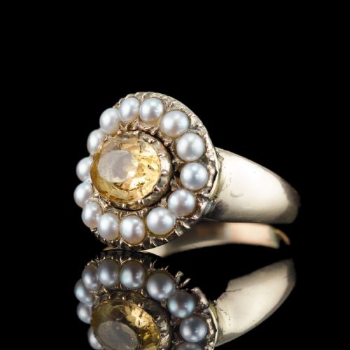 fig 8. Antique Georgian Citrine & Pearl Cluster Ring 14K Gold - c.1800