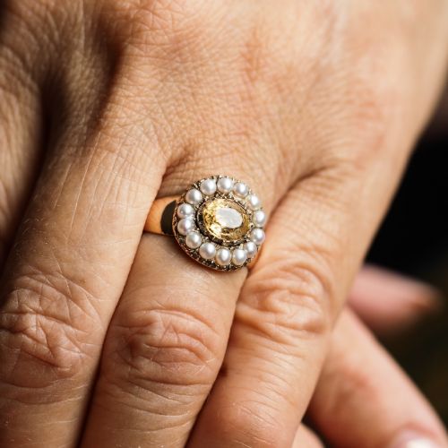 fig 1. Antique Georgian Citrine & Pearl Cluster Ring 14K Gold - c.1800