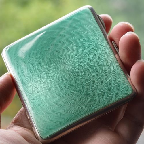 fig 1. Sterling Silver Cigarette Case with Green Enamel Guilloche - William Neale & Son Ltd 1929