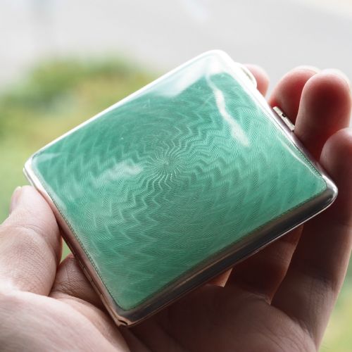 fig 2. Sterling Silver Cigarette Case with Green Enamel Guilloche - William Neale & Son Ltd 1929