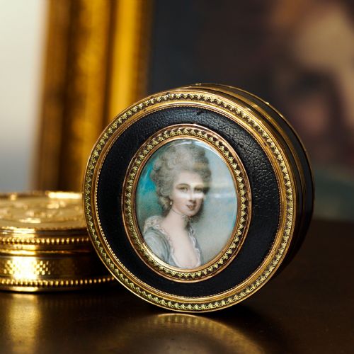 fig 1. Antique French Gold Mounted Circular Snuff/Tobacco Box, Portrait of a Lady in the Manner of Cosway - 18th c.