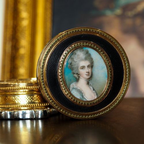 fig 3. Antique French Gold Mounted Circular Snuff/Tobacco Box, Portrait of a Lady in the Manner of Cosway - 18th c.