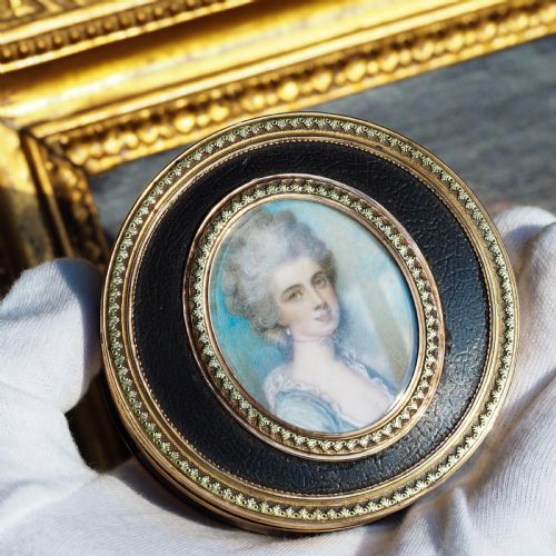 fig 5. Antique French Gold Mounted Circular Snuff/Tobacco Box, Portrait of a Lady in the Manner of Cosway - 18th c.