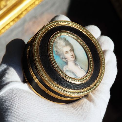 fig 6. Antique French Gold Mounted Circular Snuff/Tobacco Box, Portrait of a Lady in the Manner of Cosway - 18th c.