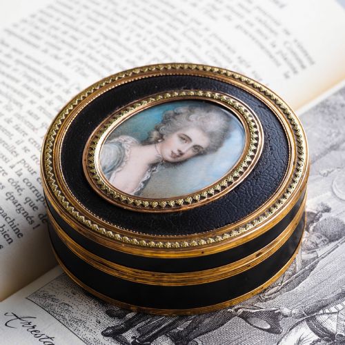 fig 8. Antique French Gold Mounted Circular Snuff/Tobacco Box, Portrait of a Lady in the Manner of Cosway - 18th c.