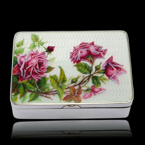 Antique Large Solid Silver Enamel Box Guilloche and Rose Design - Steinhart & Co 1904