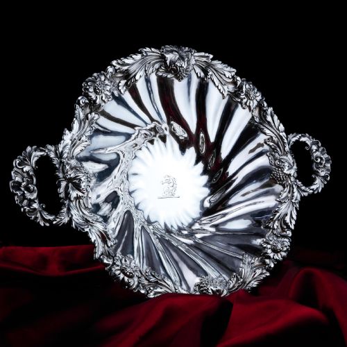 fig 1. Antique Solid Silver Georgian Bowl, Twin Handle Wrythen & Profusely Chased Motifs - Edward Edwards 1834