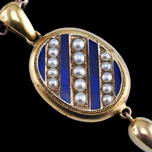 ANTIQUE VICTORIAN 15K GOLD BLUE ENAMEL PEARL PENDANT LOCKET NECKLACE C1880 - ADDITIONAL PHOTO 2