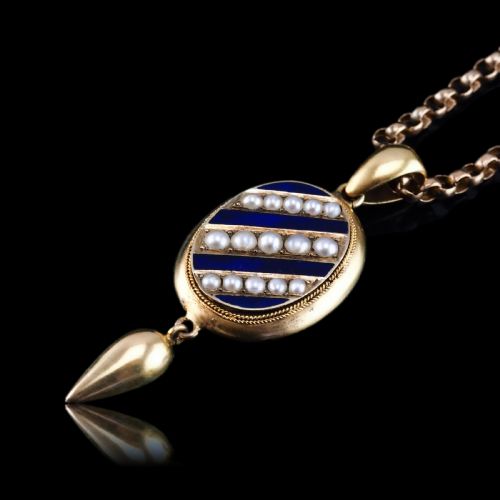 ANTIQUE VICTORIAN 15K GOLD BLUE ENAMEL PEARL PENDANT LOCKET NECKLACE C1880 - ADDITIONAL PHOTO 5