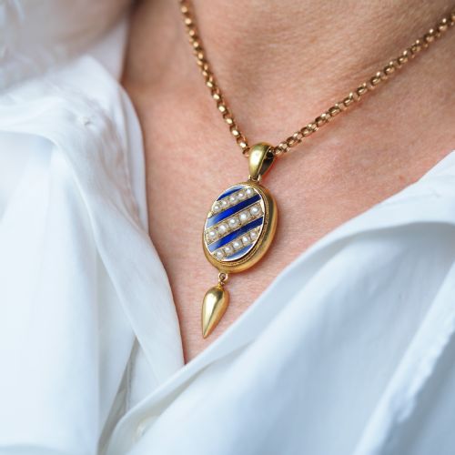 ANTIQUE VICTORIAN 15K GOLD BLUE ENAMEL PEARL PENDANT LOCKET NECKLACE C1880 - ADDITIONAL PHOTO 6