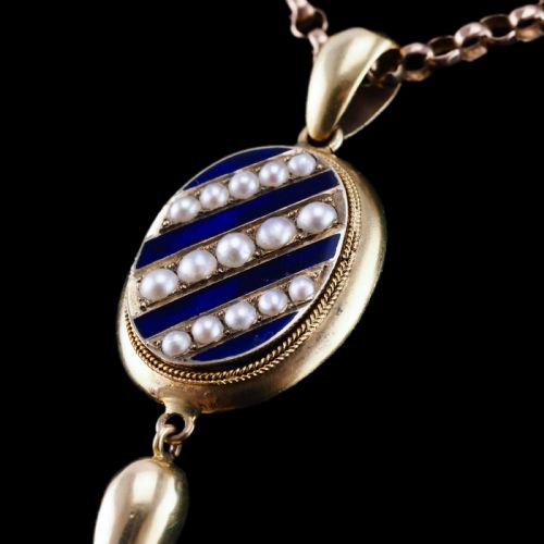 ANTIQUE VICTORIAN 15K GOLD BLUE ENAMEL PEARL PENDANT LOCKET NECKLACE C1880 - ADDITIONAL PHOTO 10