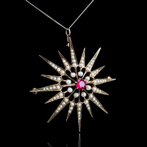 fig 1. Antique Victorian Ruby & Pearl Star Pendant Necklace Brooch 14K Gold - c.1890