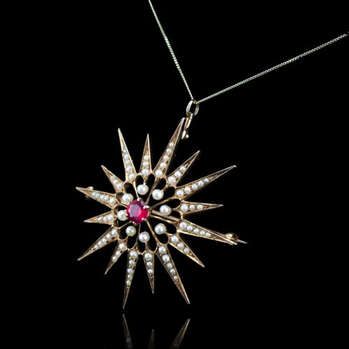 fig 2. Antique Victorian Ruby & Pearl Star Pendant Necklace Brooch 14K Gold - c.1890