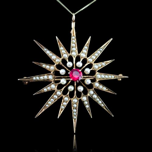 fig 3. Antique Victorian Ruby & Pearl Star Pendant Necklace Brooch 14K Gold - c.1890