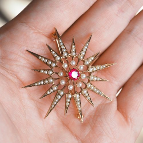 fig 4. Antique Victorian Ruby & Pearl Star Pendant Necklace Brooch 14K Gold - c.1890