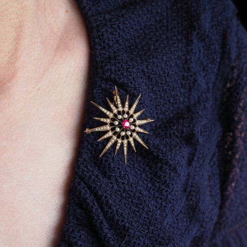 fig 6. Antique Victorian Ruby & Pearl Star Pendant Necklace Brooch 14K Gold - c.1890