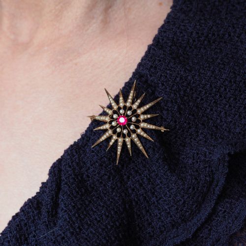 fig 7. Antique Victorian Ruby & Pearl Star Pendant Necklace Brooch 14K Gold - c.1890