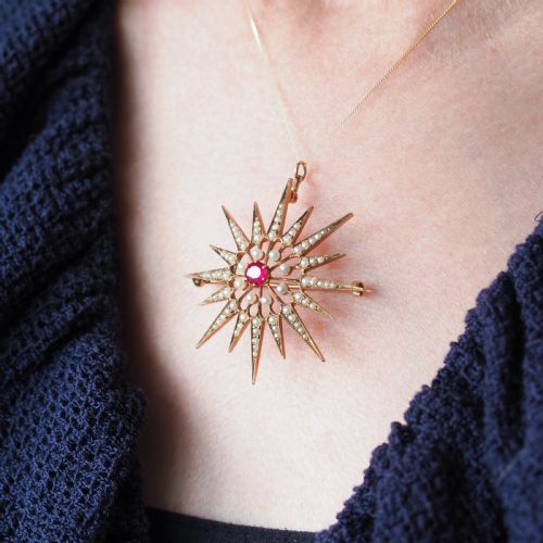 fig 8. Antique Victorian Ruby & Pearl Star Pendant Necklace Brooch 14K Gold - c.1890