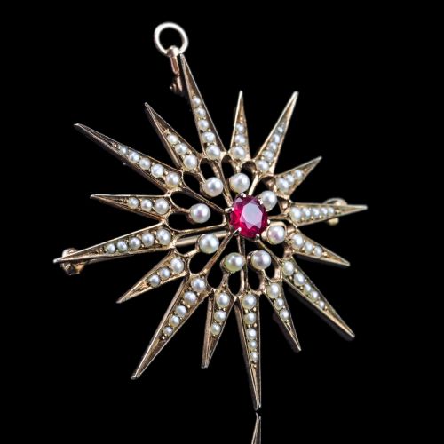 fig 9. Antique Victorian Ruby & Pearl Star Pendant Necklace Brooch 14K Gold - c.1890