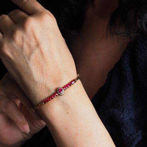 fig 1. Antique Victorian/Edwardian Pink Garnet & Seed Pearl Bangle 9K Gold - c.1900