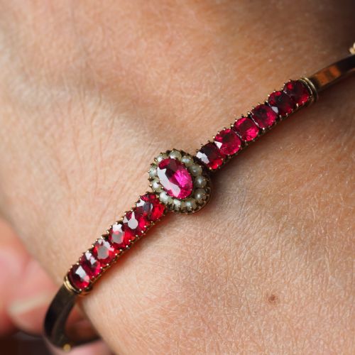 fig 5. Antique Victorian/Edwardian Pink Garnet & Seed Pearl Bangle 9K Gold - c.1900