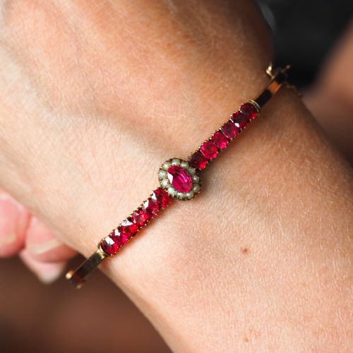 fig 6. Antique Victorian/Edwardian Pink Garnet & Seed Pearl Bangle 9K Gold - c.1900