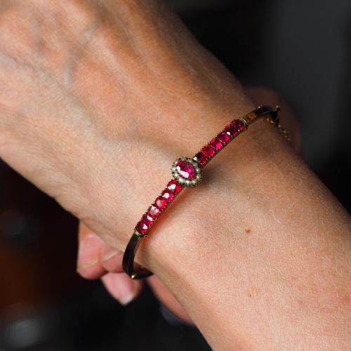 fig 7. Antique Victorian/Edwardian Pink Garnet & Seed Pearl Bangle 9K Gold - c.1900