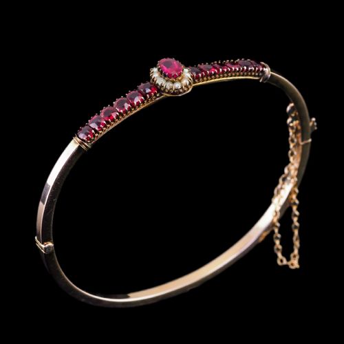 fig 8. Antique Victorian/Edwardian Pink Garnet & Seed Pearl Bangle 9K Gold - c.1900