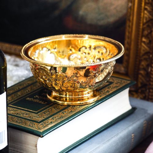 fig 7. Antique Victorian Solid Silver Gilt Bowl with Ornate Floral Chasing - Henry Wilkinson & Co 1860