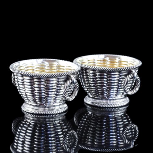 Antique Victorian Solid Silver Salts Basket Weave Design - Robert Hennell 1862