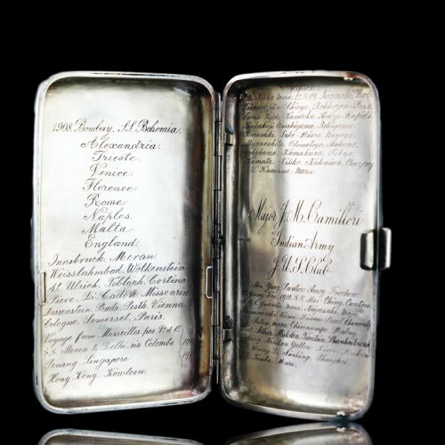 fig 1. Antique Solid Silver Cigar Case with Indian Army Military Interest Records Hand Engraved - c.1890