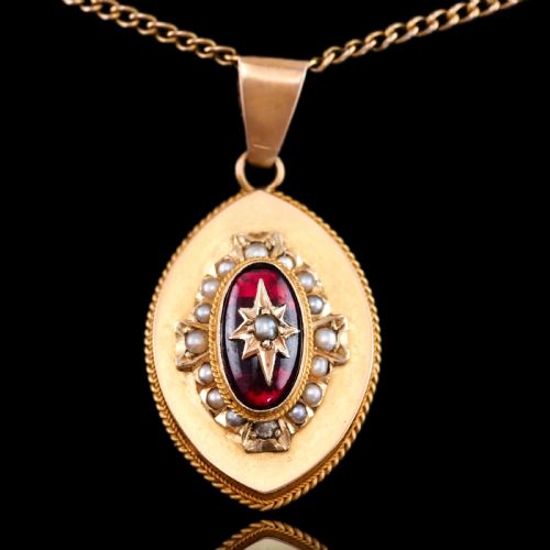 fig 1. Antique Victorian Garnet & Pearl Pendant Necklace 14K Gold c.1880