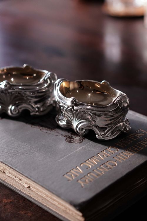 fig 1. Antique Georgian Solid Silver Salt Cellars Rococo Revival Design - London 1834