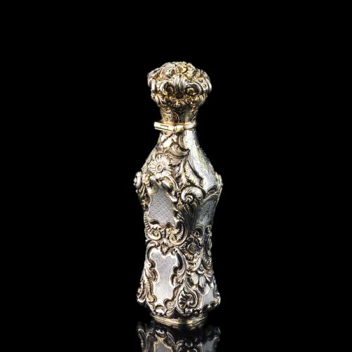 fig 1. Antique French Parcel-Gilt Silver Scent Bottle/Flask with Ornate Decorations - 19th c.