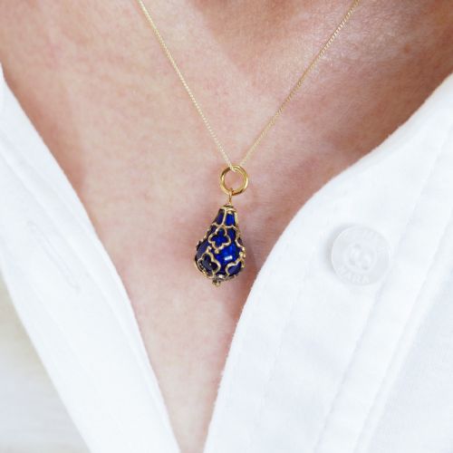 fig 4. Antique Victorian Blue Enamel Guilloche Drop Pendant Necklace 15K Gold c.1900