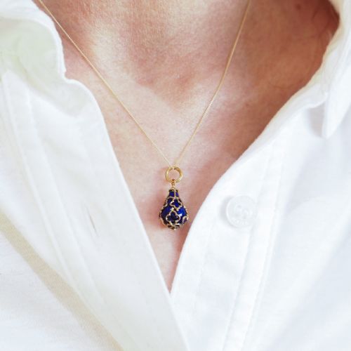 fig 6. Antique Victorian Blue Enamel Guilloche Drop Pendant Necklace 15K Gold c.1900